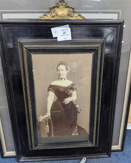 A group of assorted prints and photographs including an ebonised framed print of Princess Victoria 1884 by Reichard & Lindner of Berlin